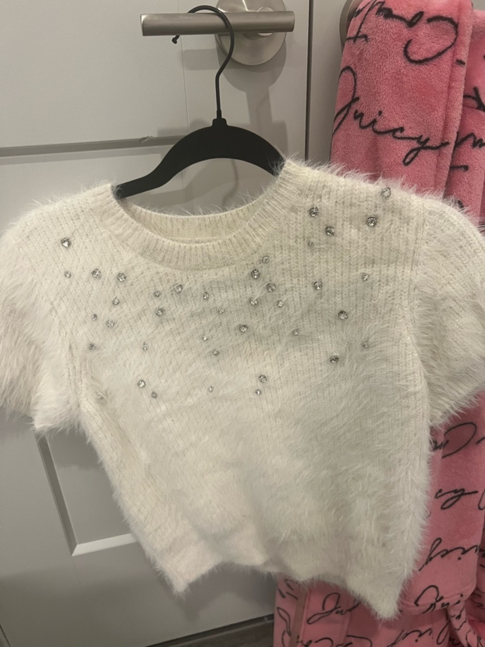 Fuzzy Ivory Beaded Short Sleeve Sweater
